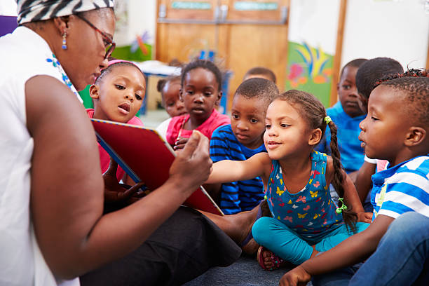 Home teacher reading a book with a class of preschool children